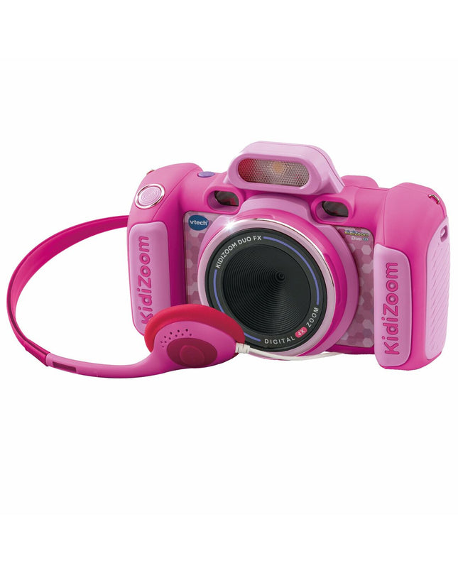 Pink Vtech Kidizoom Duo DX toy camera with dual lenses, colorful buttons, and playful design for kids' electronic play.