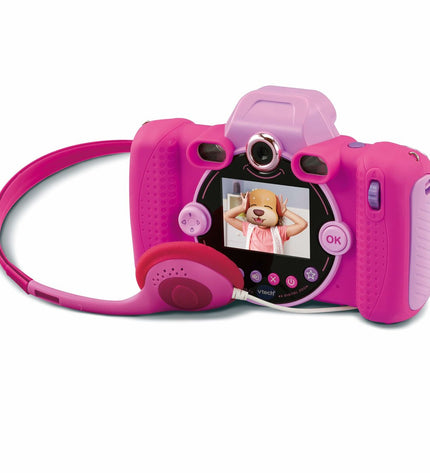 Pink Vtech Kidizoom Duo DX toy camera with dual lenses, colorful buttons, and screen, designed for children's electronic play.