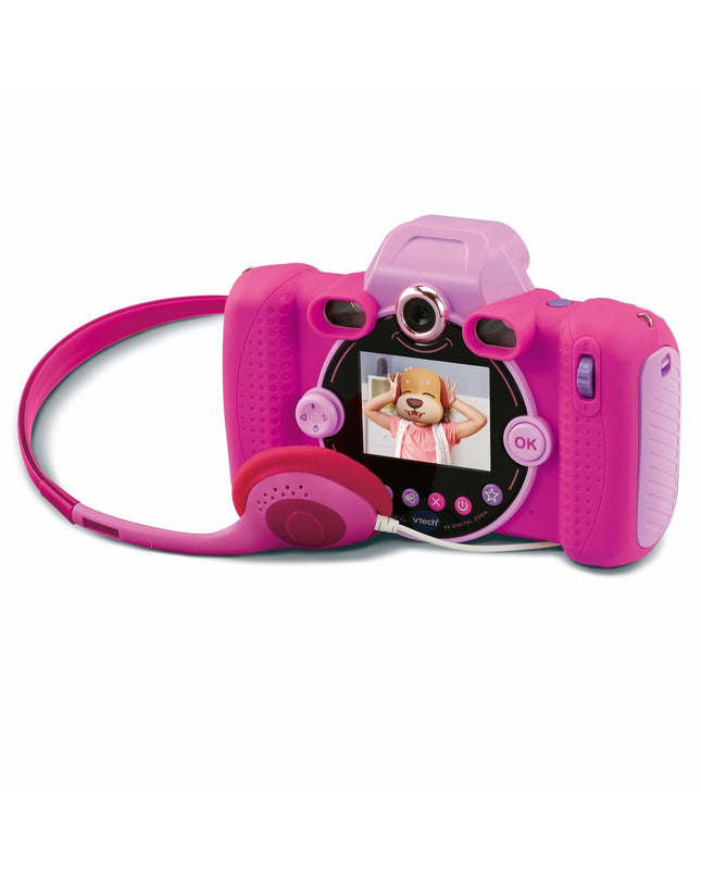 Pink Vtech Kidizoom Duo DX toy camera with dual lenses, colorful buttons, and screen, designed for children's electronic play.