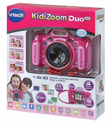 Pink Vtech Kidizoom Duo DX toy camera, electronic toy for kids, showing colorful design and interactive features.