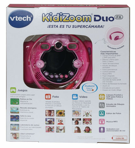 Pink Vtech Kidizoom Duo DX toy camera for kids, featuring colorful design and electronic toy functions.