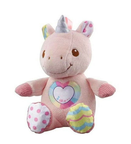 Vtech unicorn plush toy with sound, soft stuffed animal for children, measuring 20x28x12 cm, suitable for play and cuddling.