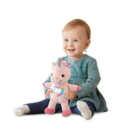 Vtech unicorn plush toy with sound, soft stuffed animal for children, measuring 20x28x12 cm, featuring colorful details.