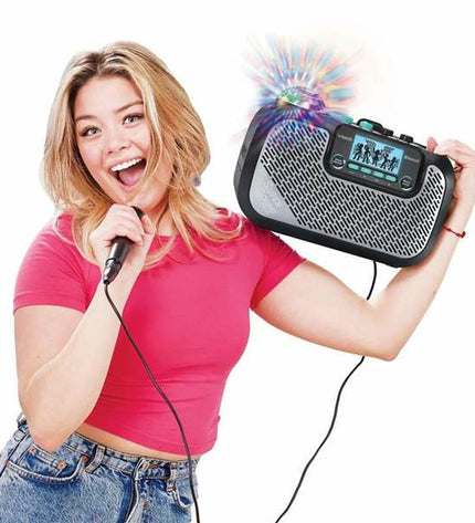 Vtech Super Sound karaoke microphone and speaker toy for kids, featuring colorful buttons and playful design for electronic entertainment.