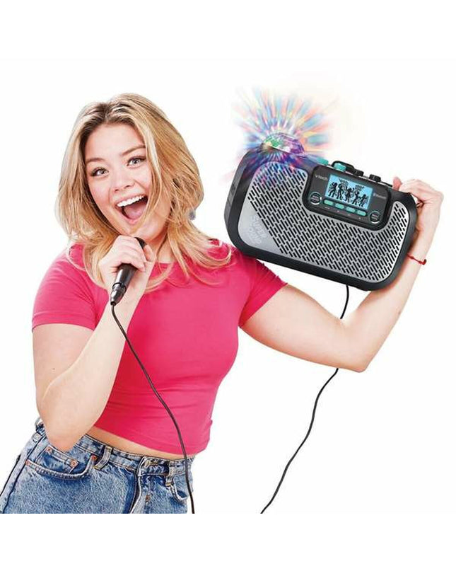 Vtech Super Sound karaoke microphone and speaker toy for kids, featuring colorful buttons and playful design for electronic entertainment.