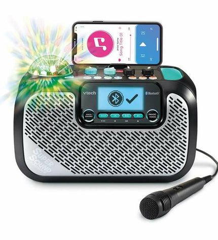 Vtech Super Sound karaoke microphone with speaker, colorful electronic toy for kids, featuring play buttons and microphone stand.
