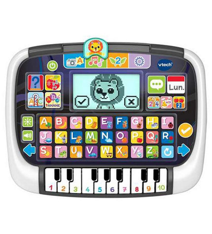 Vtech interactieve kindertablet with built-in piano keys, colorful buttons, and playful design for children’s electronic entertainment.