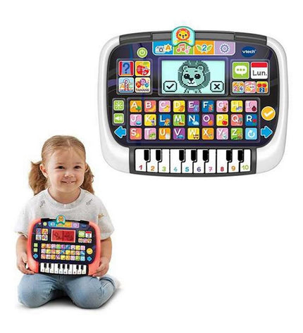 Vtech interactieve kindertablet met piano, elektronisch speelgoed en games, featuring colorful buttons and a kid-friendly design.