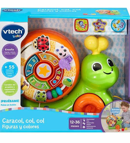 Vtech baby plush snail toy, soft colorful plush caracol for infants and young children, with friendly face and textured details.