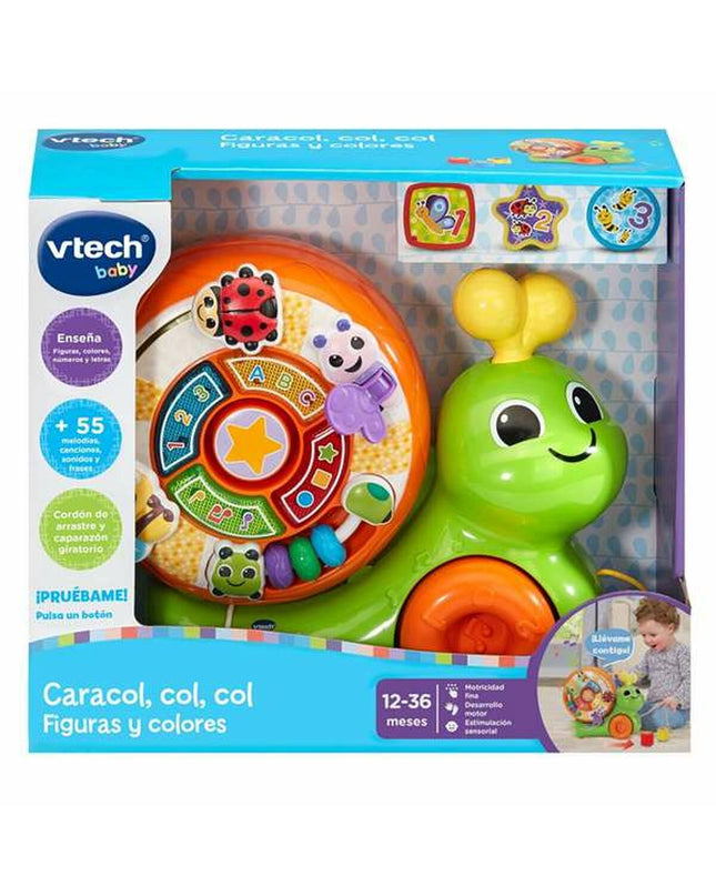Vtech baby plush snail toy, soft colorful plush caracol for infants and young children, with friendly face and textured details.