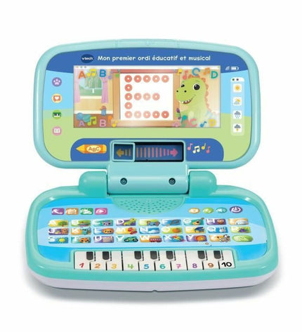 Vtech Baby educational and musical toy computer for babies, featuring colorful buttons and a screen, designed for early learning.
