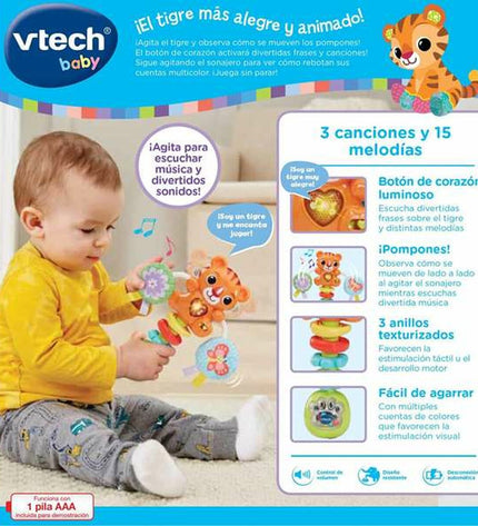 Vtech baby rattle in tijger design, 18.4x16x4.7 cm, soft plush toy for young children, with tiger face and colorful features.