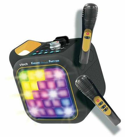 Vtech Duo Golden edition Bluetooth speaker with karaoke microphone, electronic toy for kids, colorful playset with buttons and lights.