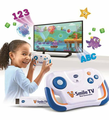 Vtech V-Smile TV portable game console with colorful buttons and screen, designed for electronic toys and gaming entertainment.