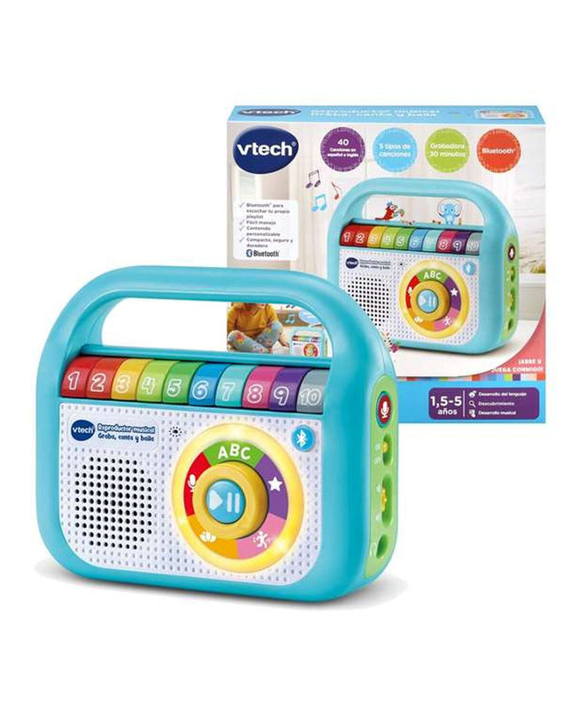 Vtech Bluetooth music toy for kids with sound recording and playback, featuring colorful buttons and musical instrument design.