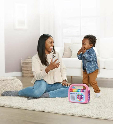 Vtech muziek speelgoed voor baby's, kleurrijk en compact, met verschillende knoppen en interactieve functies voor jonge kinderen.