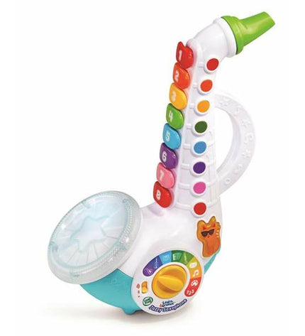 Vtech baby saxophone toy measuring 28.6 x 22.2 x 10.4 cm, colorful musical instrument for young children.