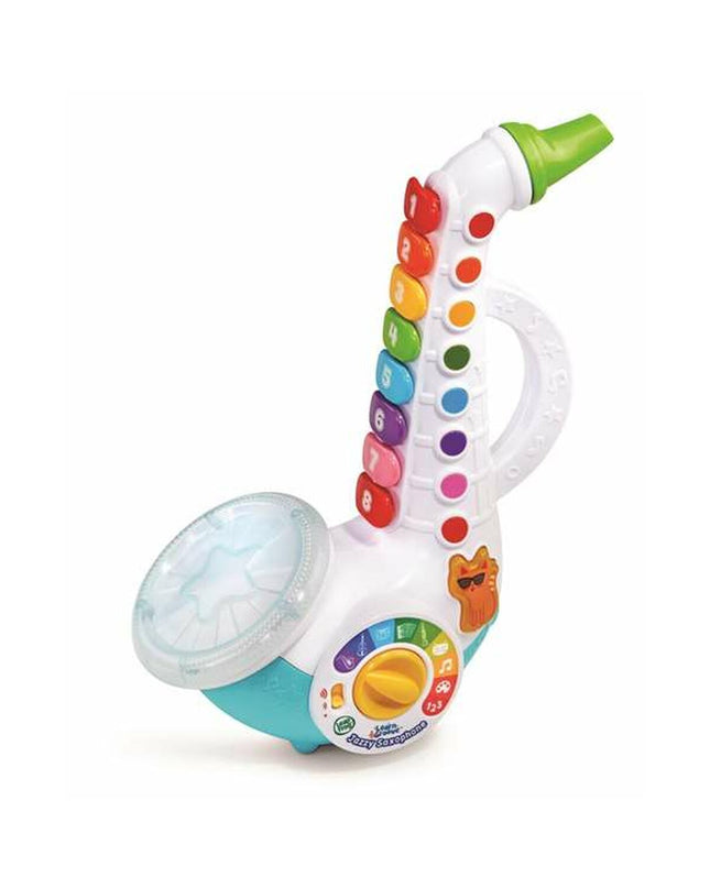 Vtech baby saxophone toy measuring 28.6 x 22.2 x 10.4 cm, colorful musical instrument for young children.