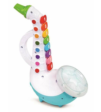 Vtech baby saxophone toy measuring 28.6 x 22.2 x 10.4 cm, colorful musical instrument for young children.
