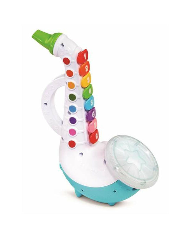 Vtech baby saxophone toy measuring 28.6 x 22.2 x 10.4 cm, colorful musical instrument for young children.
