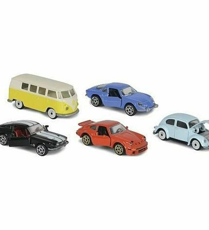 Smoby vintage vehicle playset with five toy vehicles, including cars and trucks, for imaginative children's play.