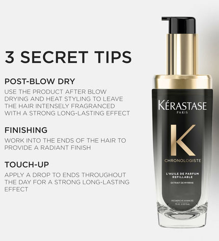 Kerastase Chronologiste 75ml nutritional supplement bottle for hair health and personal care, with sleek black packaging and gold accents.
