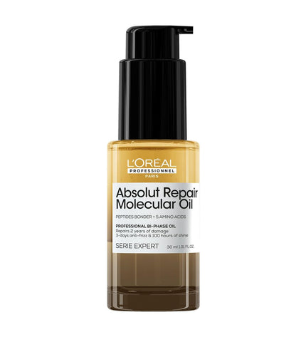 L'Oreal Professionnel Paris Absolut Repair Molecular supplement bottle, 30 ml, for hair health and repair.