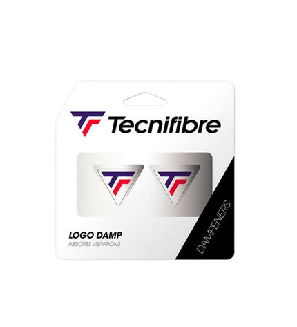 Tecnifibre Logo Damp tennis vibration damper in white with black logo, designed for tennis rackets and outdoor play.