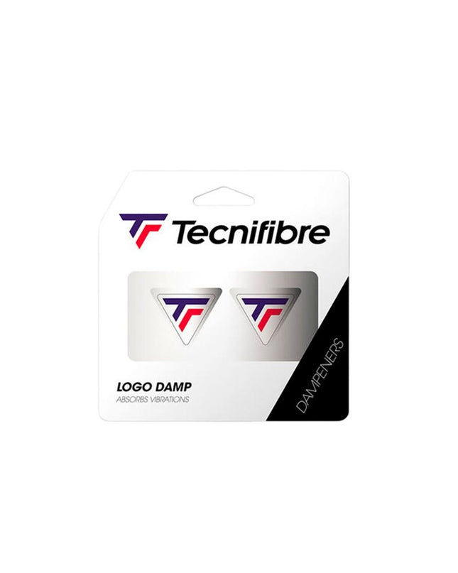 Tecnifibre Logo Damp tennis vibration damper in white with black logo, designed for tennis rackets and outdoor play.