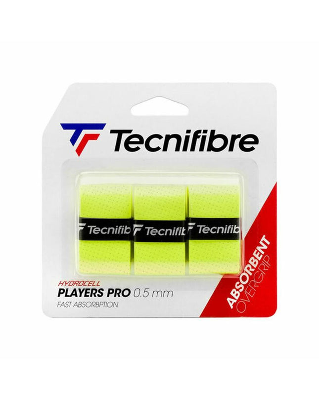 Tecnifibre Players Pro Neon Yellow Tennis Overgrip for paddle tennis, showing three grips with bright neon color and textured surface.