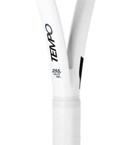 Tecnifibre Tempo V2 255 G0 outdoor tennis racket with water bottle on a court, lightweight and ergonomic design.