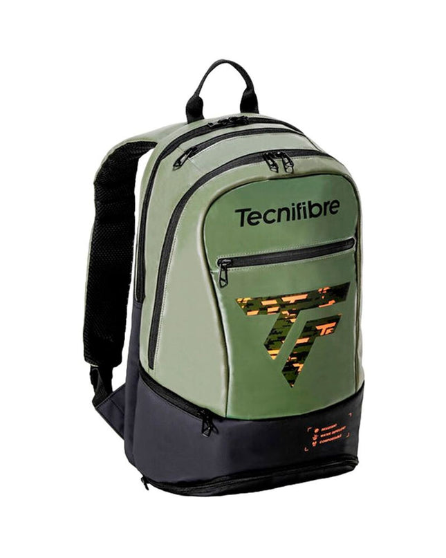 Tecnifibre Rackettas Tour Endurance Olijf tennis racket with green grip and string, designed for outdoor tennis play.