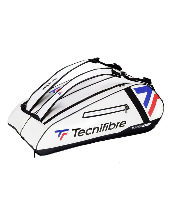Tecnifibre Tour Endurance White tennis racket with 12-racket holder in outdoor setting, showing the rackettas design and branding.