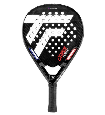 Tecnifibre Curva Power padel racket with black frame and grip, designed for paddle tennis outdoor sports.