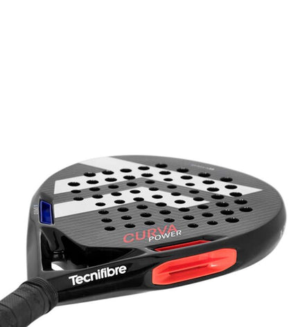Tecnifibre Curva Power Padel Racket in black with red accents, designed for paddle tennis, showing the racket's face and grip.