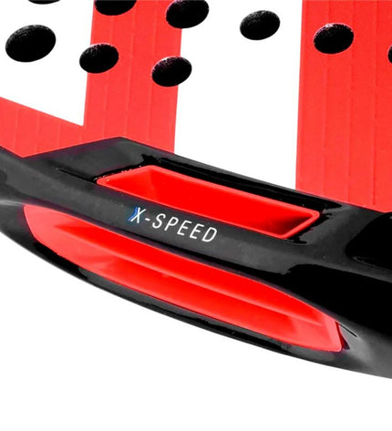 Tecnifibre Curva Speed Rood padel racket for outdoor paddle tennis, featuring a lightweight design and vibrant colors on the hitting surface.