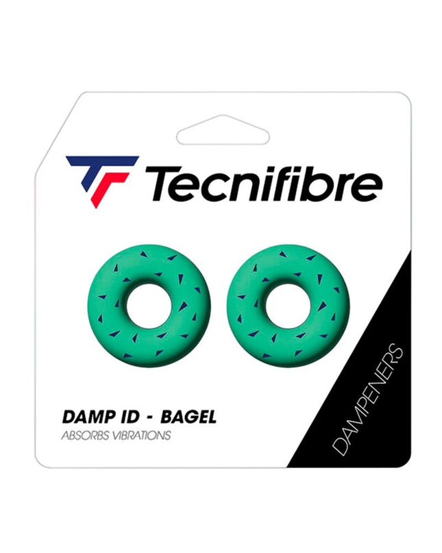 Tecnifibre Bagel Damp vibration damper for tennis rackets, shown on a tennis racket in a sport and outdoor setting.