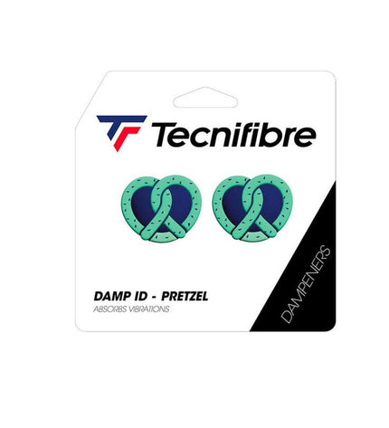 Tecnifibre Pretzel tennis vibration dampener with colorful design on a tennis racket string.