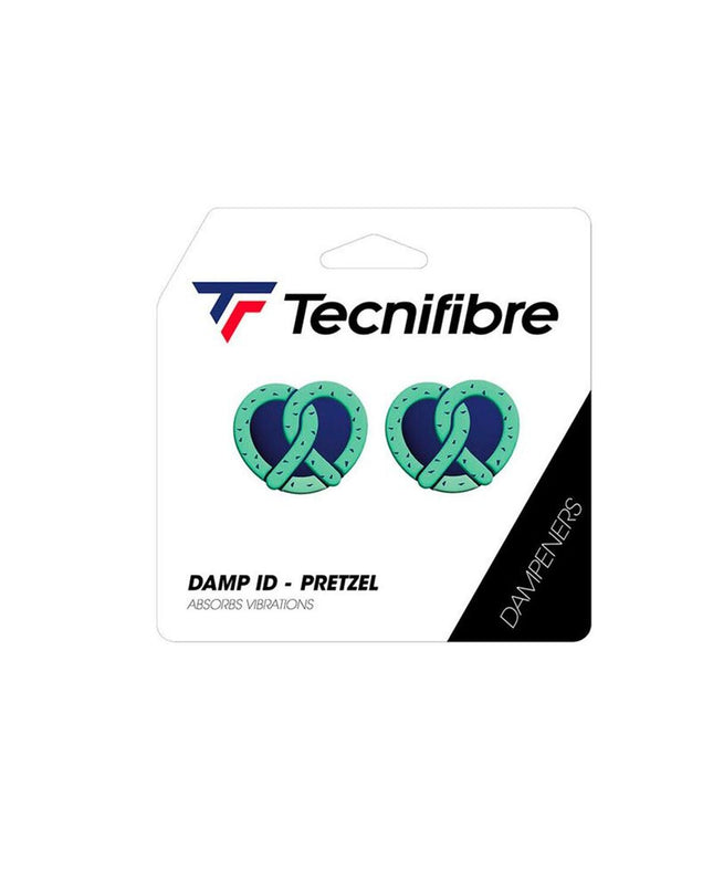 Tecnifibre Pretzel tennis vibration dampener with colorful design on a tennis racket string.