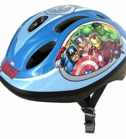 Blue Kinder Fietshelm Stamp Avengers helmet for kids, featuring superhero design, suitable for outdoor cycling and sports activities.