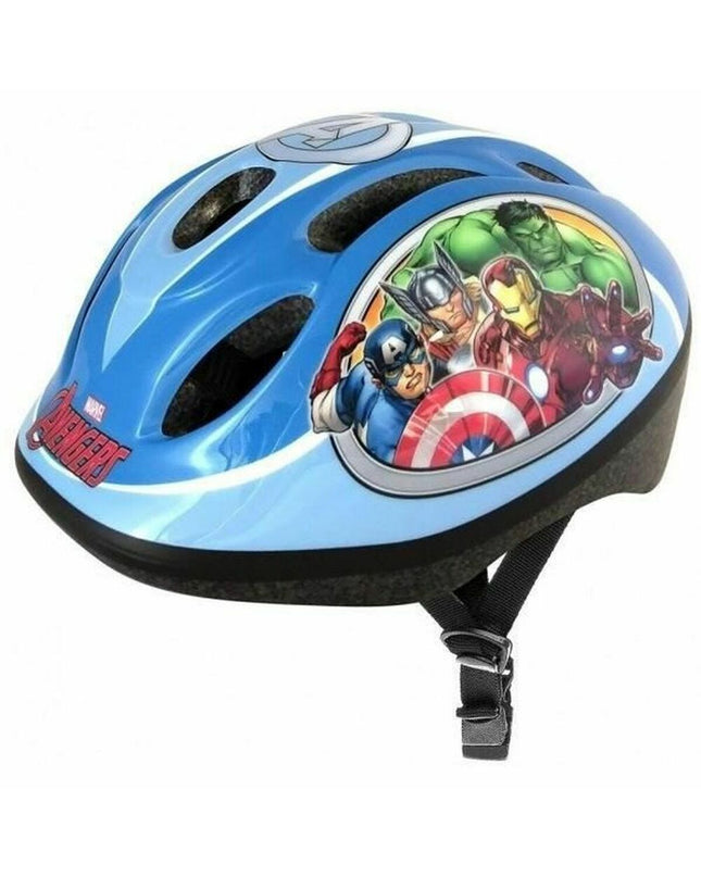 Blue Kinder Fietshelm Stamp Avengers helmet for kids, featuring superhero design, suitable for outdoor cycling and sports activities.