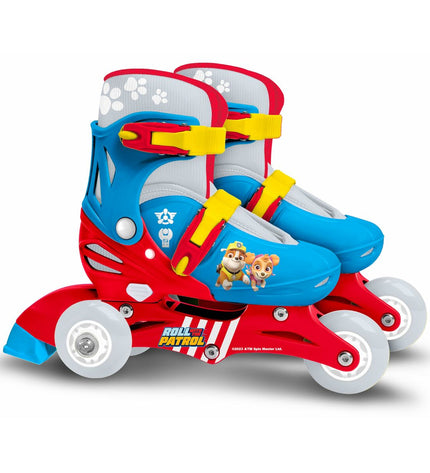 The Paw Patrol blue and red inline skates for kids, featuring colorful design and adjustable straps for urban skating.