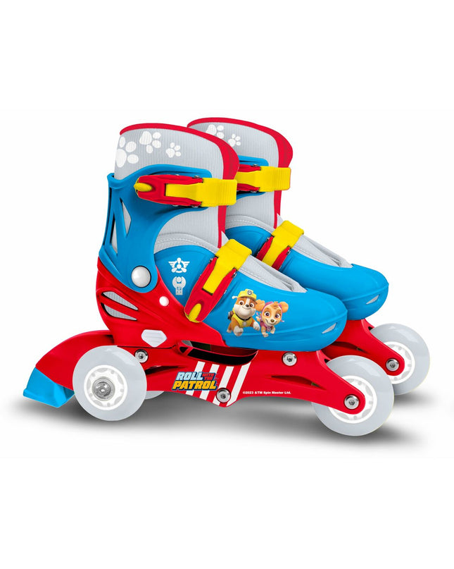 The Paw Patrol blue and red inline skates for kids, featuring colorful design and adjustable straps for urban skating.