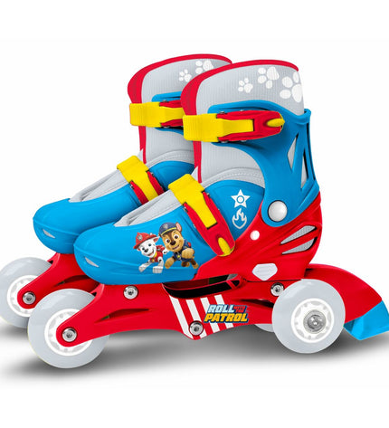 Paw Patrol blue and red inline skates for kids, designed for urban mobility and outdoor fun, featuring character-themed detailing.