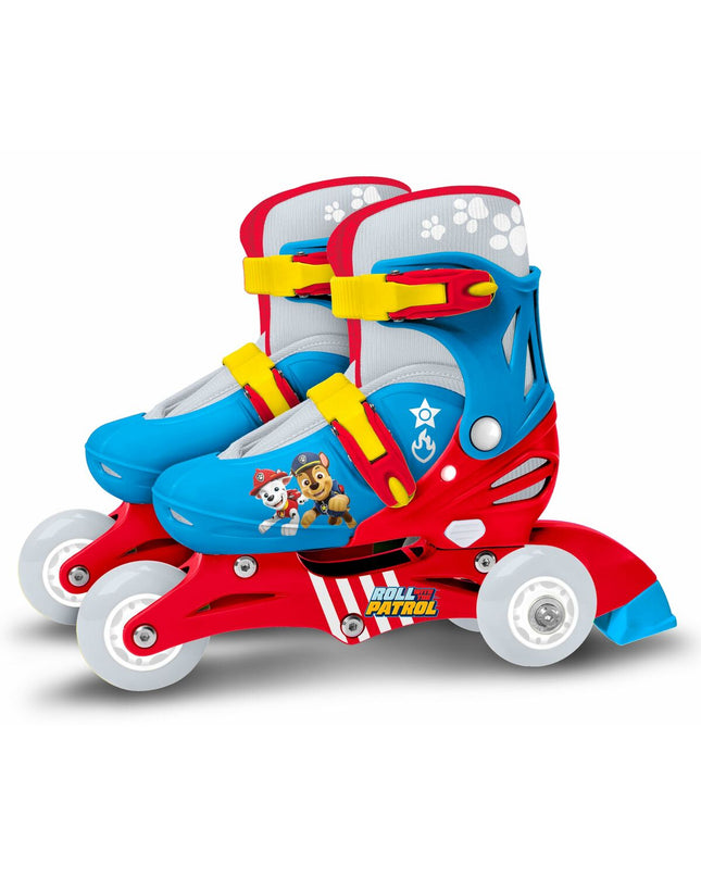 Paw Patrol blue and red inline skates for kids, designed for urban mobility and outdoor fun, featuring character-themed detailing.