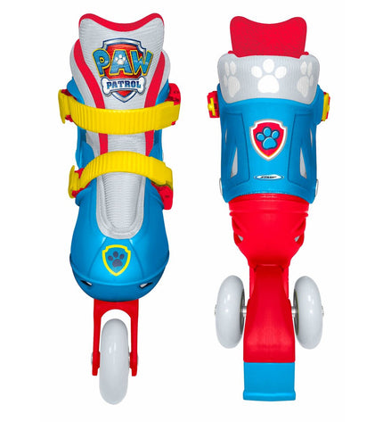 Red and blue Paw Patrol inline skates with adjustable straps, designed for outdoor urban skating and active mobility.