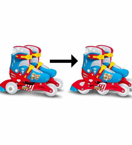 The Paw Patrol blue and red inline skates for kids, featuring character design, suitable for urban mobility and outdoor sports.