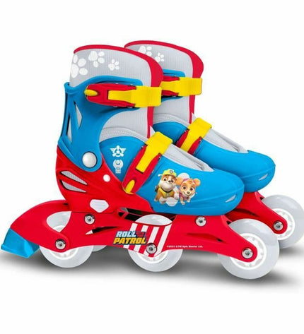 Pink and blue Paw Patrol inline skates for kids, featuring colorful designs and adjustable straps for urban mobility and sport.