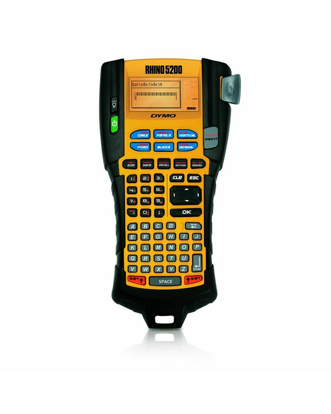 Dymo handmatige labelmachine for office use, with label roll and control buttons, suitable for organizing and labeling.