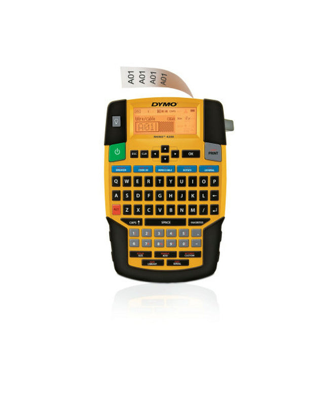 Dymo handmatige labelmachine for office use, featuring a compact design and label tape, ideal for organizing and labeling documents.
